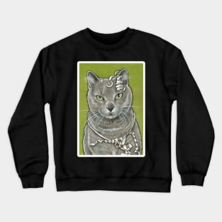 Gray Kitty With Ribbon - White Outlined Version Crewneck Sweatshirt